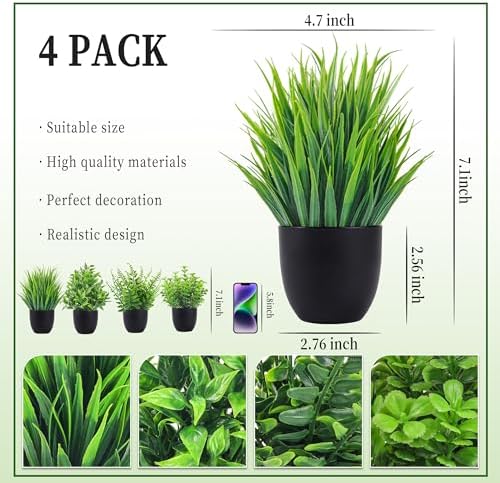 Fake Plants 4 Packs Artificial Plants Small Faux Plants Black Bathroom / Green / Set of 4