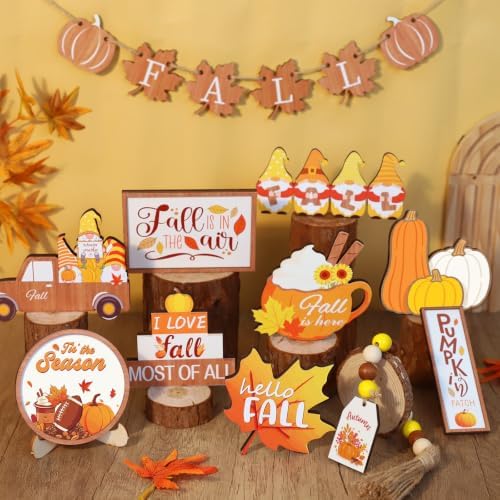 19pcs Fall Tiered Tray Decor- Fall Decorations Indoor Wooden Fall Decor Set with Wood Bead Pumpkin Gnome Truck Tabletop Centerpieces for Autumn Harvest Home Kitchen Table