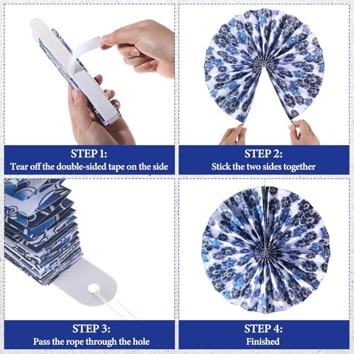 Dispowreath 9 Pcs Chinoiserie Paper Fans Blue and White Hanging Decor