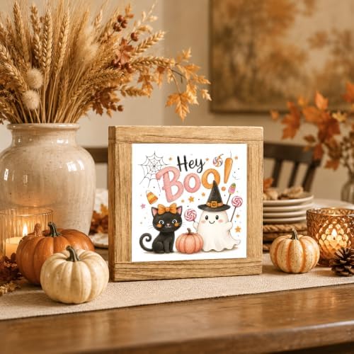 Halloween Wooden Sign, Hey Boo Ghost Witch and Black Cat Tabletop Decor