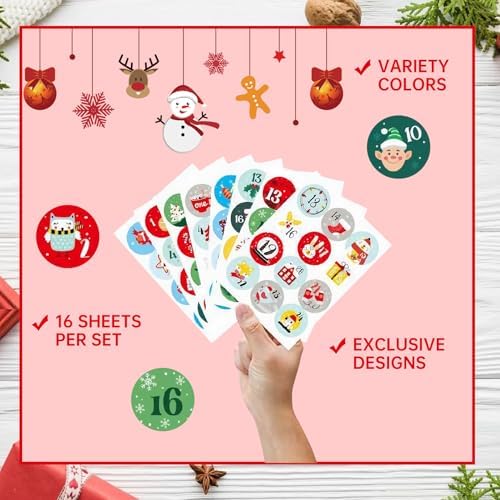 16 Sheets Christmas Advent Calendar Stickers - Number Stickers 1-25 with Christmas Theme,Christmas Countdown Stickers Christmas Stickers for Gifts Sealing Envelopes Crafts Christmas Decorations
