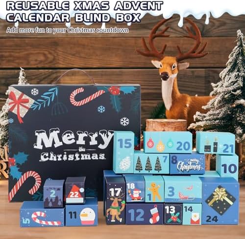 Christmas Advent Calendar, Empty Advent Calendar to Till Yourself, 24 Days Christmas Countdown Box, Reusable Empty Gifts Boxes, Xmas Gifts for Boys Girls Teens Adults