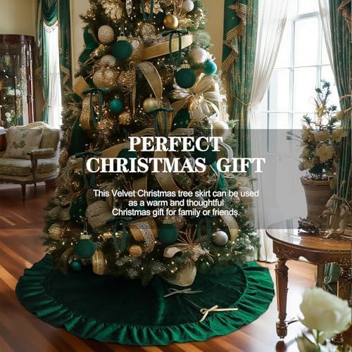 Velvet Christmas Tree Skirt, 60 Inches, Bow Style, Dark Green