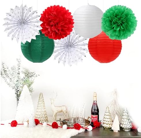 Red Green-White Christmas Party Decorations - 20pcs Mexican Italian Paper Lanterns Fans,Tissue Pom Poms,Honeycomb Balls,Bunting,Birthday Mexico Italy Baby Shower Wedding Decor Burgleda