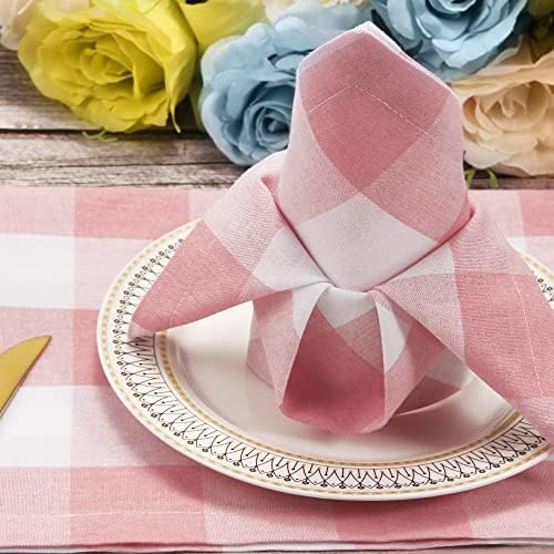 Cotton Blend Buffalo Plaid Table Napkins (Set of 12), 20 x 20 Inch Washable Dinner Napkins, Buffalo Checks Cloth Napkins for Restaurant, Wedding, Holiday, Farmhouse，Peach Pink/White