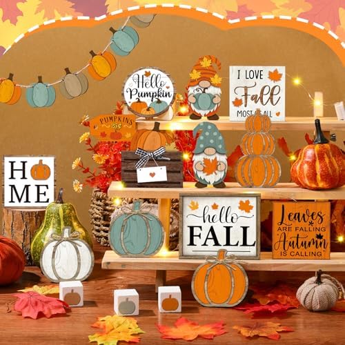 Fairysandy 21 Pcs Fall Tiered Tray Decor, Thanksgiving Table Sign, Pumpkin