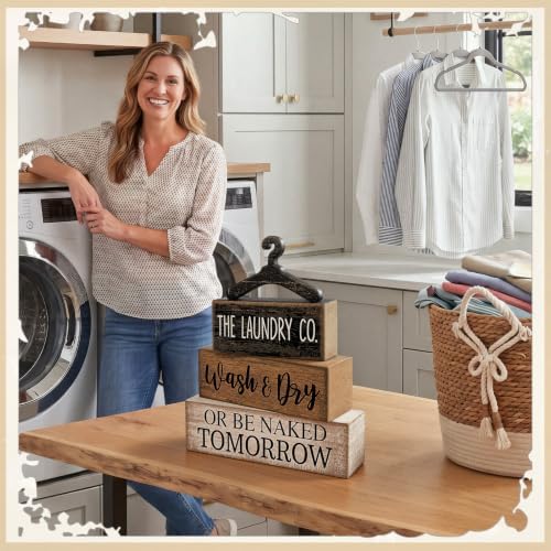 Moucuny 4 Pcs Farmhouse Laundry Room Decor Stacked Blocks Rustic Home Decor