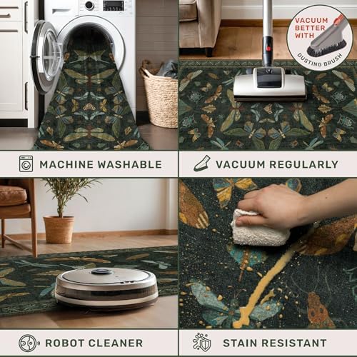 Dark Green Rug for Entryway Indoor- 3x6 Large Washable Kitchen Rug, Non Slip Insect & Floral Pattern Carpet for Entry