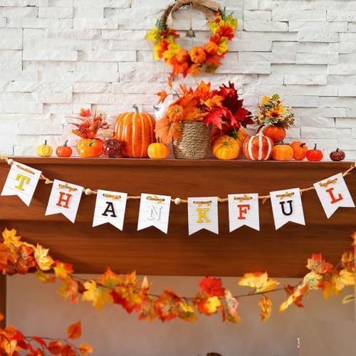 Marsui 5 ft Thanksgiving Banner Wooden Mantel Decor Thankful Banner Fireplace Garland Thanksgiving Rustic Farmhouse Decor for Harvest Party Home Indoor Fireplace Wall Celebration Shelf Display