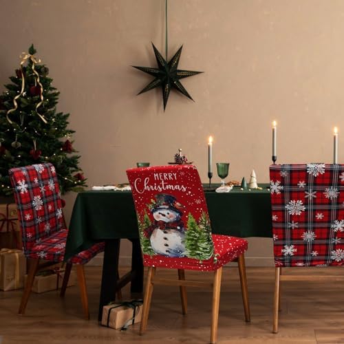 Christmas Chair Covers Set of 6, Xmas Snowman Dining Chair Covers for Party Kitchen Removable Seat Cover for Chairs Christmas Decorations Indoor