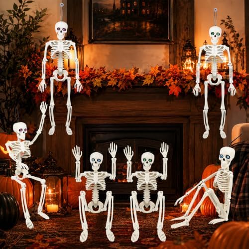6 Pack 16" Halloween Skeleton Decor with Eyes & Box (White)
