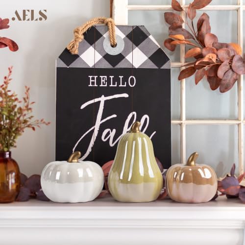 AELS Modern Ceramic Pumpkins Fall Decor Indoor, Cozy Farmhouse Tabletop Decorations, Artificial Pumpkins Decor for Fall Table Runner, Office, Holiday Party Home, Set of 3 Neutral Tones