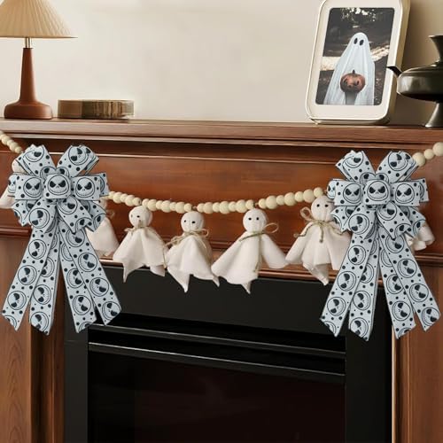 1 Pcs Large Halloween Wreath Bow - 17.8" x 9.8" Spooky Skeleton Wired Bow, Black White Skull Gothic Decorative Burlap Bows for Front Door, Tree Topper & Party Decor (Black Skeleton Bow)