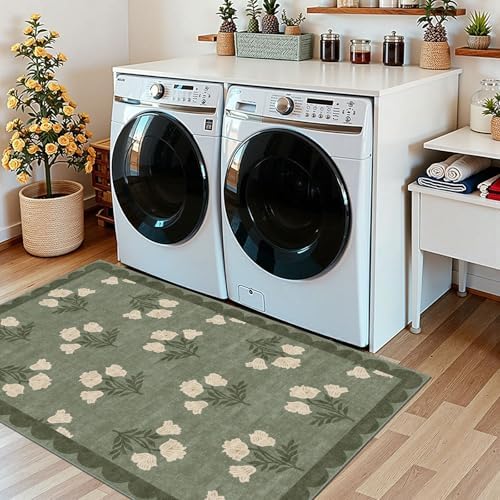 Floral Outdoor Rug - 28" x 43" Front Door Mat Indoor Outside Entrance Non-Slip Washable Outdoor Mat Sage Green Spring