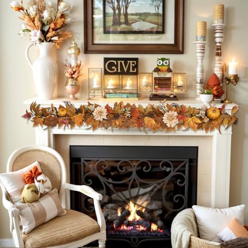Fall Garland 6Ft Lifelike Autumn Maples Leaf Pumpkin Garland with Berries Pine Cones, Fall Decorations for Home Thanksgiving Halloween Fireplace Farmhouse Porch Indoor Outdoor Decorations