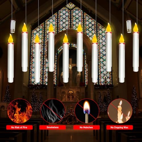 Floating Candles with Remote, 10 PCs Hanging Candles, Flickering Warm Light Flameless Floating LED Candle, Battery Operated Window Taper Candle Set for Halloween Home Party Decoration-White