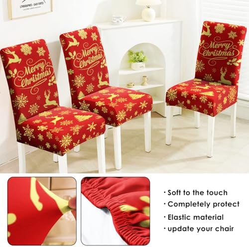 Merry Christmas Chair Covers Set of 6,Xmas Snowflake Elk Dining Chair Slipcovers,Elastic Removable Washable Dining Parsons Chair Protectors,Christmas Decor for Home Red
