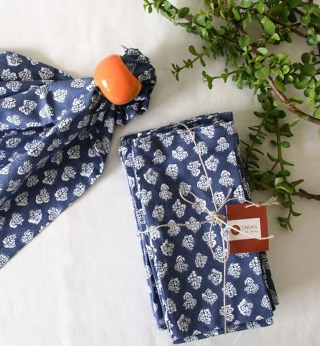 TARAN LIVING Cotton Cloth Napkins Natural Reusable Fall Dinner Napkins Reusable Machine Washable Fabric for Events, Gift, Home Decor - Indigo Blue (Pack of 4), 18x18 Inches