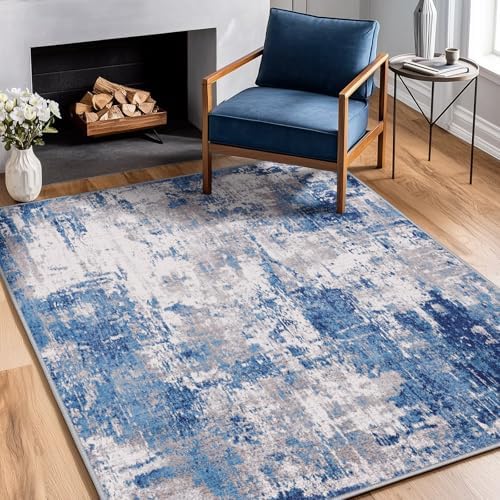 RELEANY Washable 4'x5' Abstract Area Rug for Living Room Blue Gray