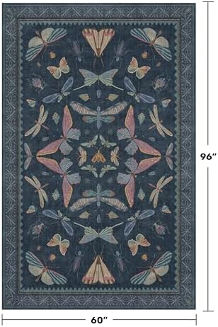 Blue 5x8 Washable Living Room Rugs - Stain Resistant Non Slip Insect Rug for Dining Room, Low Pile & Soft Carpet for