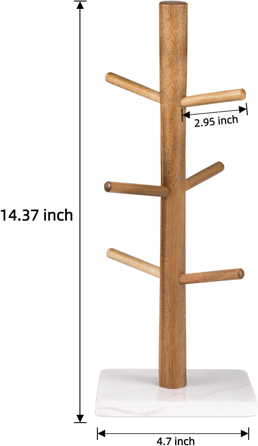 Buruis Acacia Wood Mug Holder with Marble Base, 6 Hook Mug Tree, White | Coffee Mug Rack for Countertop, Space-Saving
