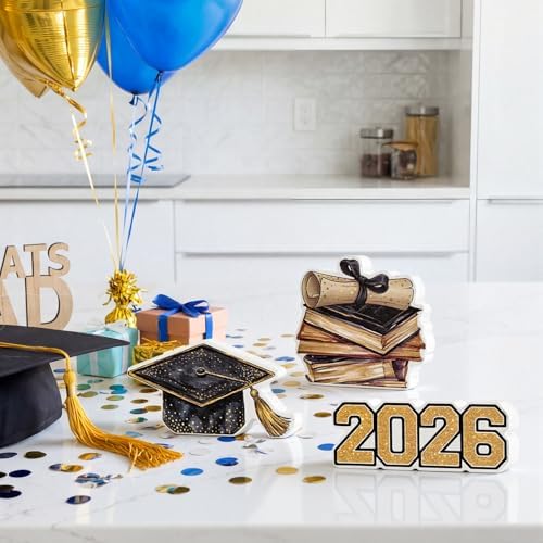 Smile 2026 Graduation Wooden Standing Decor Set, 3-Piece Grad Cap & Diploma Book Stack Tiered Tray Tabletop Signs for Graduation Party Decorations