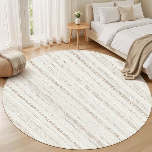 Nakagishi Round Rug Boho Area Rugs: 4x4 Washable Large Circle Neutral Soft Stain Resistant Non-Slip Carpet for Women