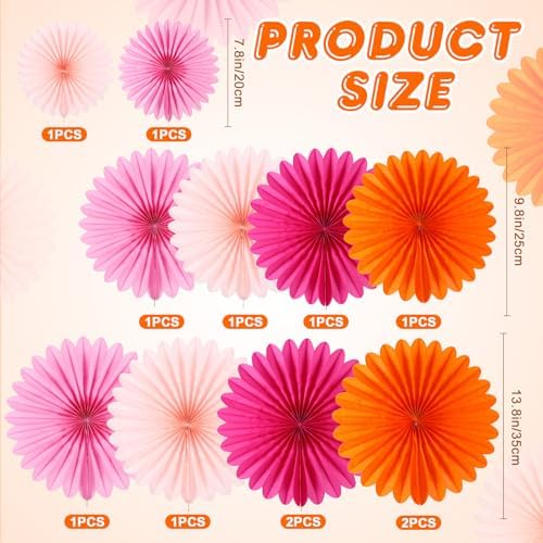 BestoFun 12PCS Paper Fans Orange and Hot Pink Party Decorations Tissue Paper Flowers Paper Fans Party Decorations for Girl Groovy Birthday Baby Shower Wedding Bachelorette Room Wall Hanging Décor