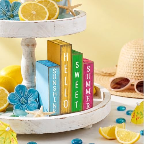 Lineshading 4 Pcs Summer Table Decoration Wooden Book Hawaii Beach Sign