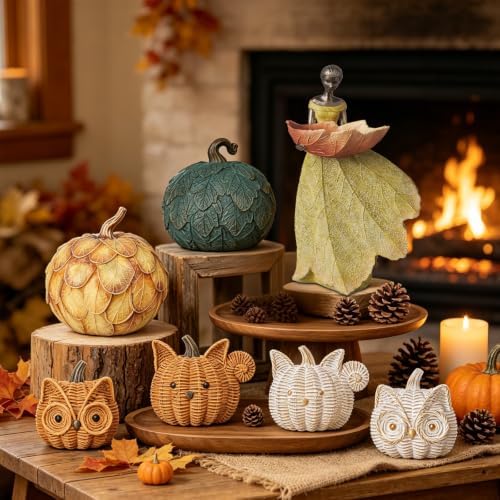Fall Decor Animal Pumpkin Decorations – Owl Fake Pumpkin Resin Woven Design Animal Figurines for Home Table Shelf Mantel, Thanksgiving Halloween Decorations Gifts for Autumn Decor(Gold&White)