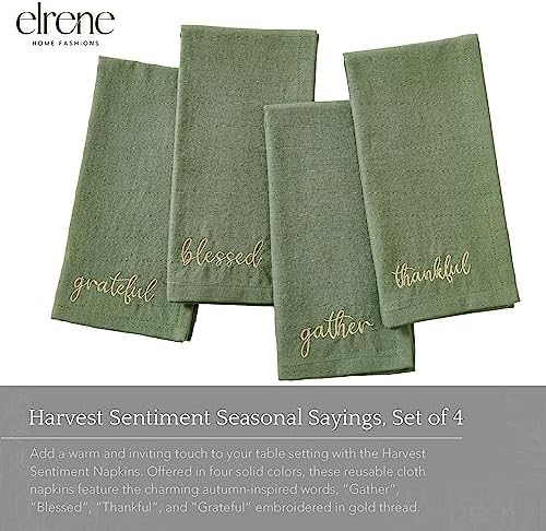 Threadmade Harvest Sentiment Embroidered Napkins, Set of 4, Green - 17" W x 17" L