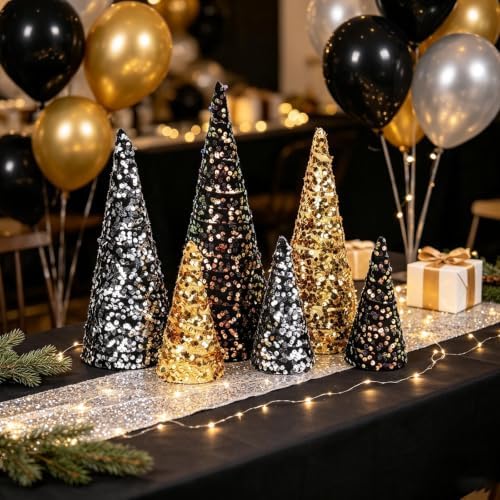 6 PCS 12" 10" 6" Christmas Sequin Cone Tree Decorations Black Gold Silver Glitter Tabletop Small Trees Tiered Tray Ornament for Xmas Gothic Halloween Farmhouse Mantel Shelf Table Home Party Tree Decor