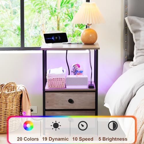 LOAKEKEL Nightstands Set of 2, LED Night Stand with Charging Station