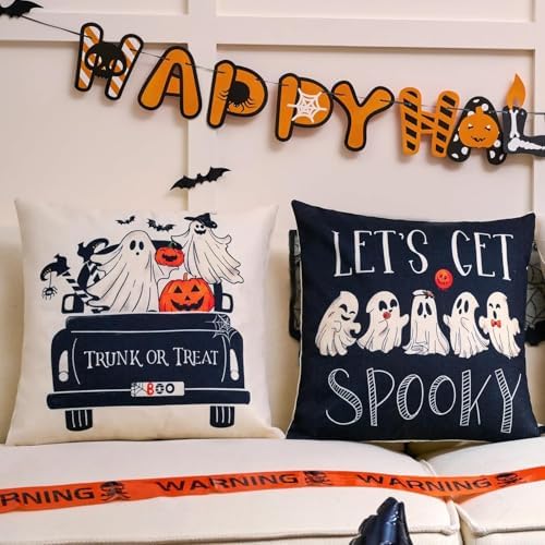 Hongsome Ghost Halloween Decor-Throw Pillow Covers 20x20 in Set of 4,Spooky Gothic Linen Pillow Case for Couch Fall Christmas Holiday Outdoor Burnt Orange Black White Decorations (Black, 20"x20")