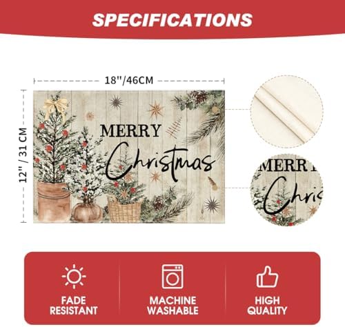 Artoid Mode Wood Holly Pine Cone Merry Christmas Placemats Set of 4, 12x18 Inch Seasonal Winter Holiday Table Mats for Party Kitchen Dining Decoration