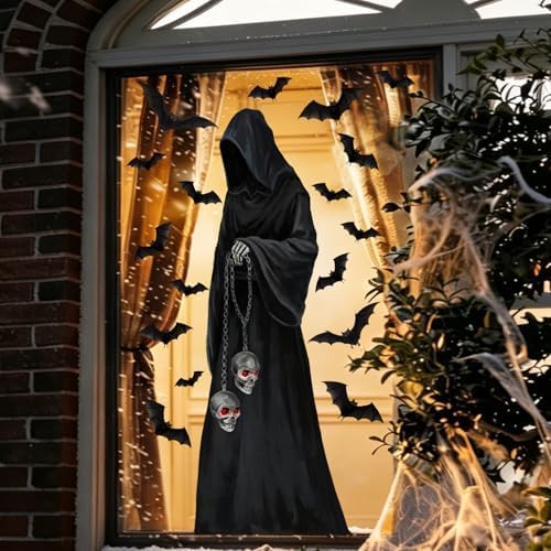 Halloween 3 PCS Large Window Cling Grim Reaper Bat Decals Stickers Decor