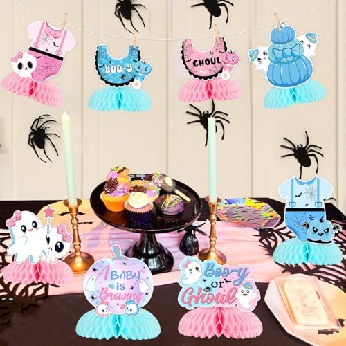 Halloween Gender Reveal Decorations 8pcs Halloween Gender Reveal Honeycomb Centerpiece A Baby is Brewing Table Decoration Topper Halloween Boo-y or Ghoul Baby Shower Decorations