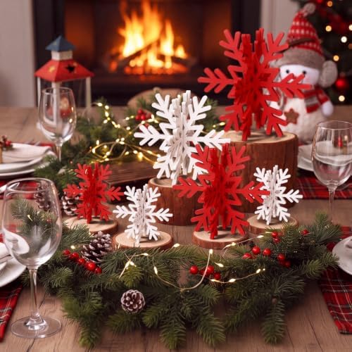 Bucherry 12 Pcs Wooden Snowflakes Table Decor,White, Red