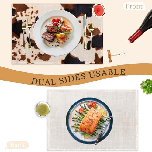 Cow Print Placemats Set of 6,Washable Heat Resistant 12×18 Inch Linen Table Mats Farmhouse Place Mats for Party Outdoor Dining Décor