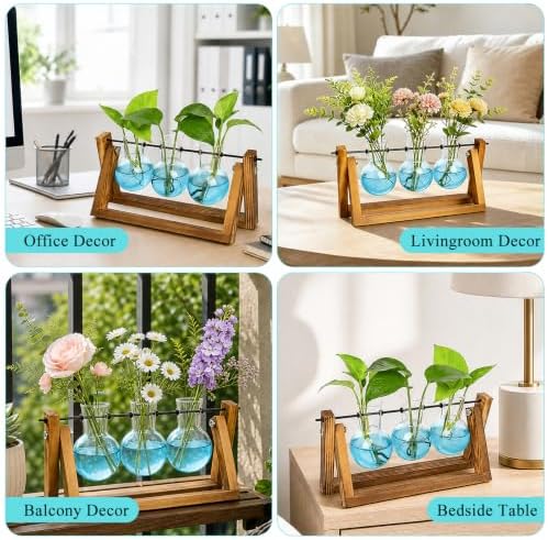 XXXFLOWER Plant Terrarium Kit with Wooden Stand 3 Gradient Blue Bulb Vases