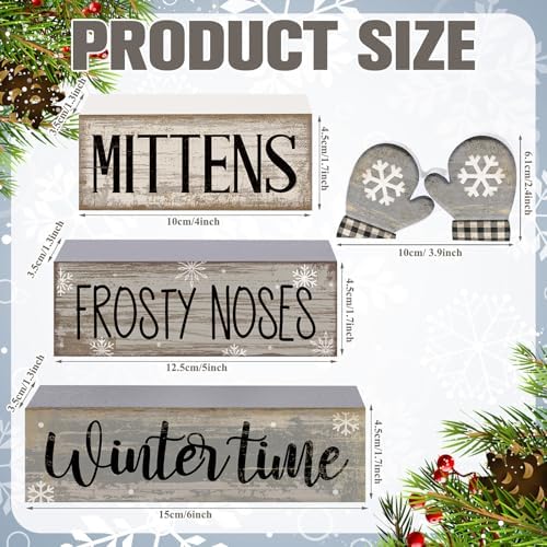 Lineshading 4 Pcs Winter Table Decorations Wooden Mittens Decor Winter Tiered Tray Decor Rustic Snowflake Mittens Block