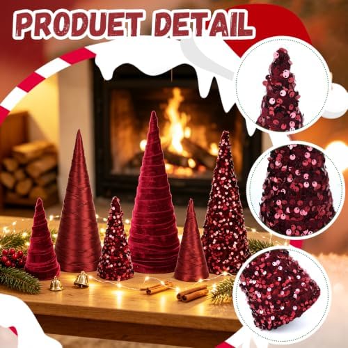 6 PCS 12" 10" 6" Burgundy Christmas Velvet Cone Tree Decorations Christmas Glitter Tree Farmhouse Tree Tiered Tray Ornament for Xmas Winter Home Holiday Rustic Fireplace Shelf Tabletop Tree Decor
