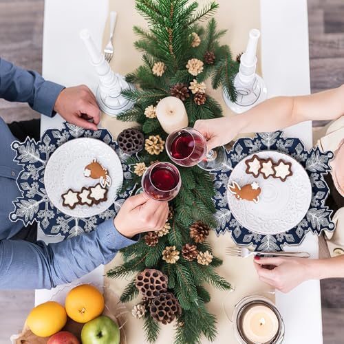 HunnmingRe Christmas Snowflake Placemats Set of 6 Embroidered Snowflake Table Mats 14 Inch Velvet Blue Christmas Table Decorations Xmas Washable Placemats for Xmas Holiday Tabletop Home Dining Kitchen