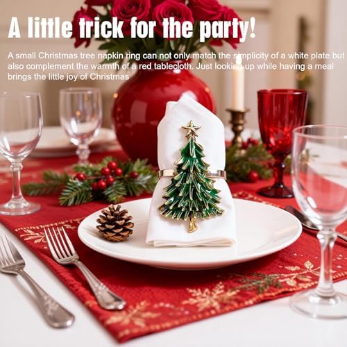 Christmas Tree Napkin Rings Set of 8, Gold Alloy Napkin Holders with Star Topper, Green Enamel Holiday Table Decor for Christmas Dinner