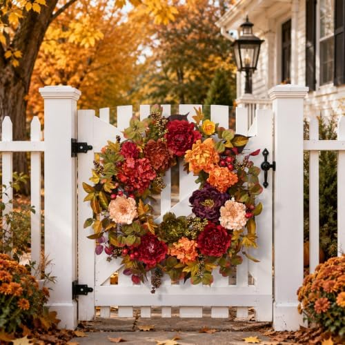 Fall Wreaths for Front Door, 24 Inch Fall Door Wreath with Hydrangea