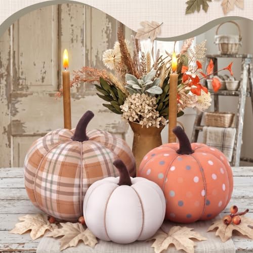 RattanView 3 Pcs Farmhouse Rustic Decorative Pumpkins, Solid Pattern Mix