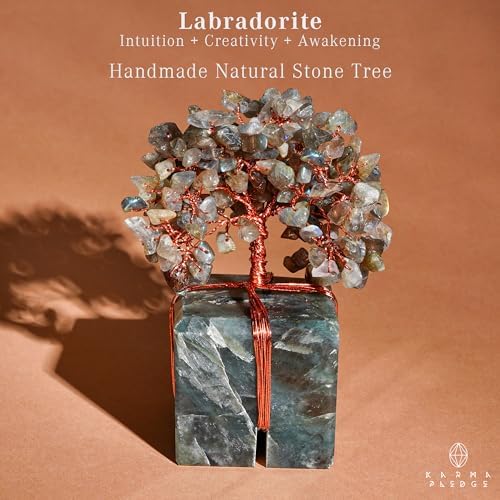 KARMAPLEDGE Chakra Tree of Life for Unique Gifts for Mom, Dad, Home and Office Decor, Handmade Labradorite Healing