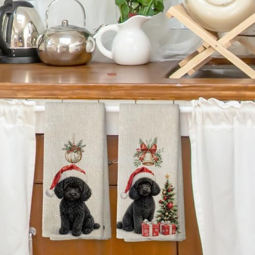Black Poodle Christmas Tree Kitchen Dish Towels 16x24, Set of 2