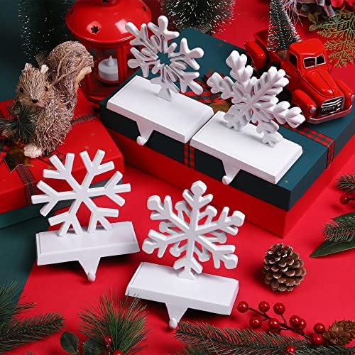 URATOT Pack of 4 Christmas Stocking Holders Snowflake Stocking Hangers Mantel Stocking Hooks for Christmas Decoration, White