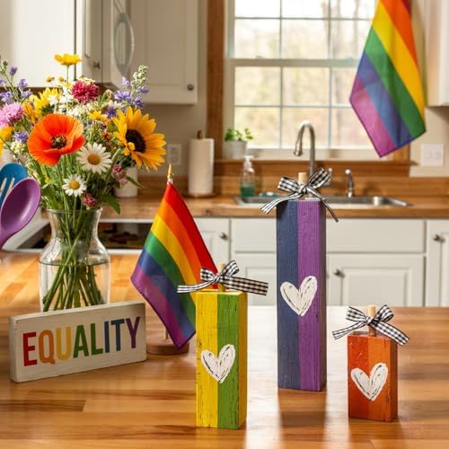 Smile LGBTQ+ Pride Wooden Tabletop Sign Rainbow Desktop Plaque with Heart Accents Indoor Decor for Pride Month, Home & Office Gay Pride Gift